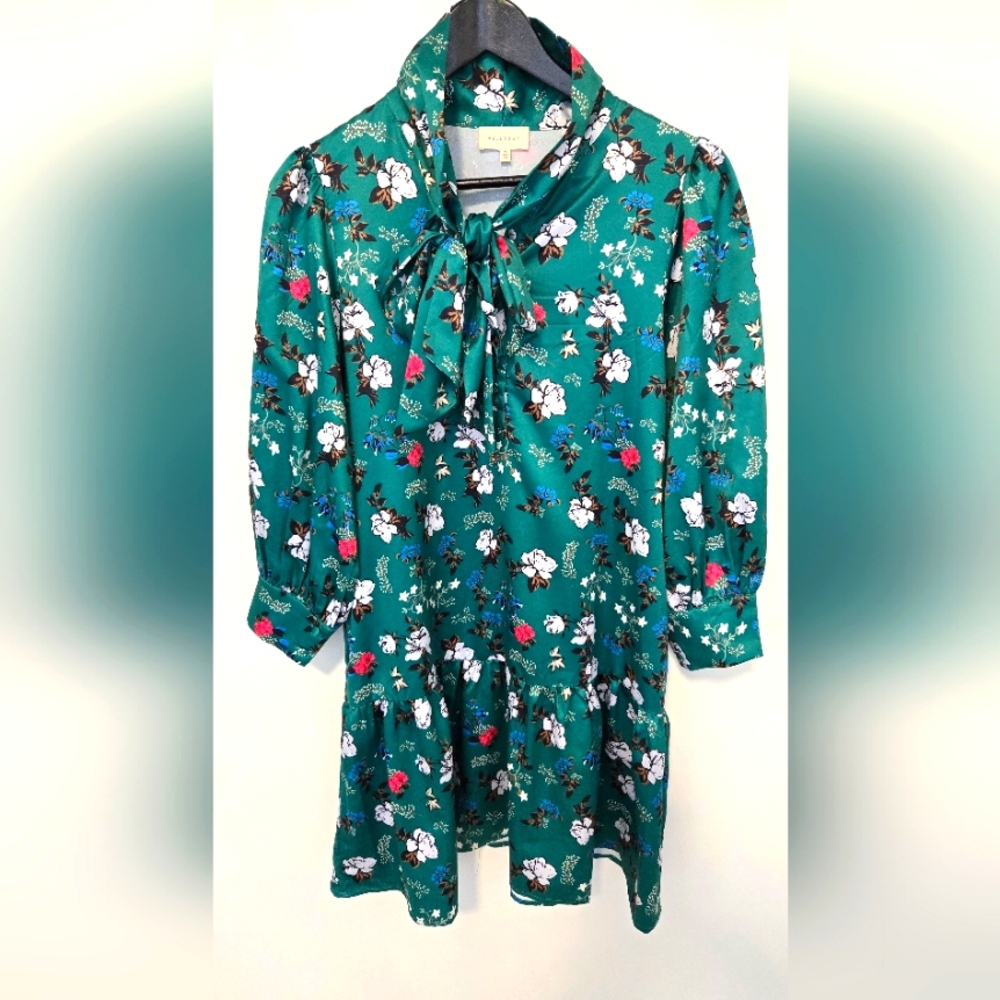 Melloday Green Satin Long SleeveFloral Drop Waist Balloon SleeveTie Neck Dress M
